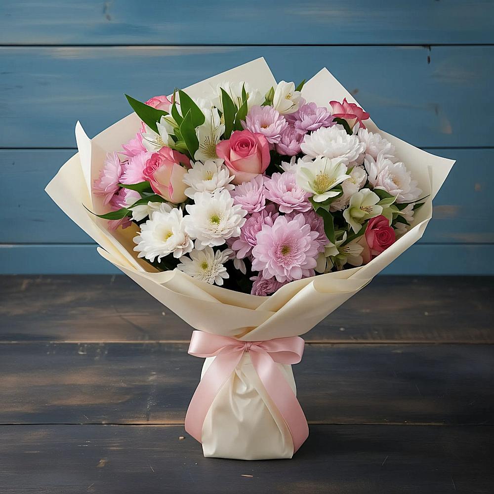 Букет цветов из: Хризантемы, Альстромерии и Розы в Костомукше